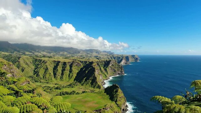 Tropical coastal cliffs and lush green mountains overlooking the deep blue ocean on a sunny day coastline