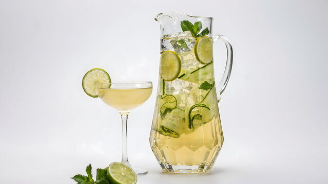 Fresh lime and mint cocktail drink in a glass pitcher and a stemmed glass