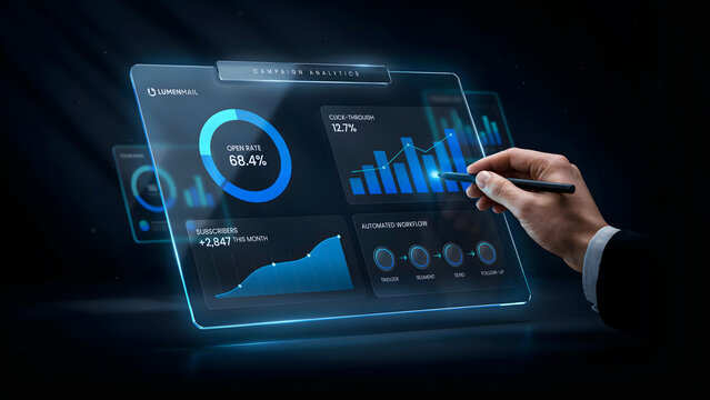 A business professional using a holographic digital interface for analytics
