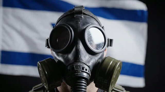 Person wearing military gas mask against israeli flag background, symbolizing conflict, emergency preparedness, and national security crisis
