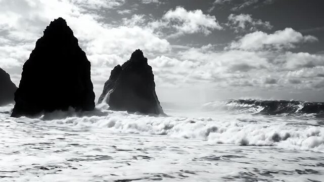 Dramatic Black and White Ocean Waves Crashing on Silhouetted Rocks - Black and white video capturing the raw power of the ocean with large, foamy waves crashing against imposing, dark rock formations.