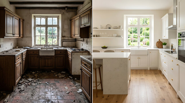 Comparison of an outdated neglected kitchen with visible damage and dirt versus a modern clean bright kitchen with minimalist