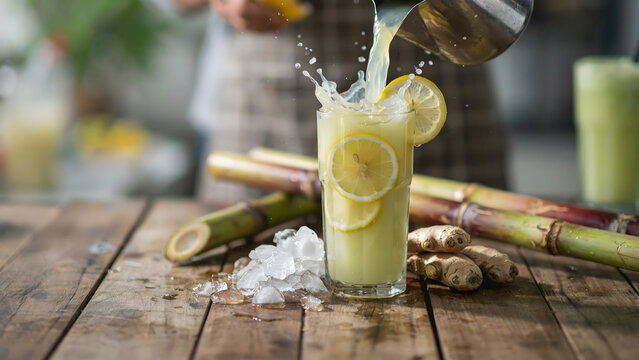 Fresh sugarcane juice being poured into a glass with lemon and ginger