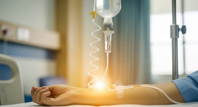 Close-up of a patient's arm receiving an intravenous (IV) infusion in a hospital room with a drip bag and saline solution.
