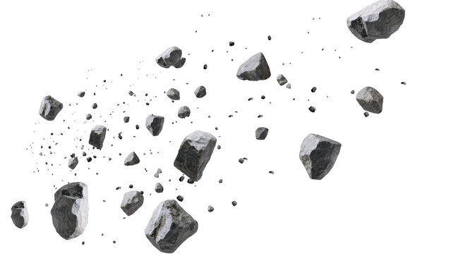 Meteorite Fragments Trailing Through Space, Diagonal Asteroid Debris Stream 3D Isolated