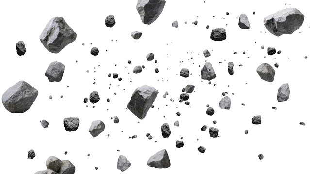 Dark Stone Debris Field Floating in Air, Asteroid Rock 3D Render Isolated