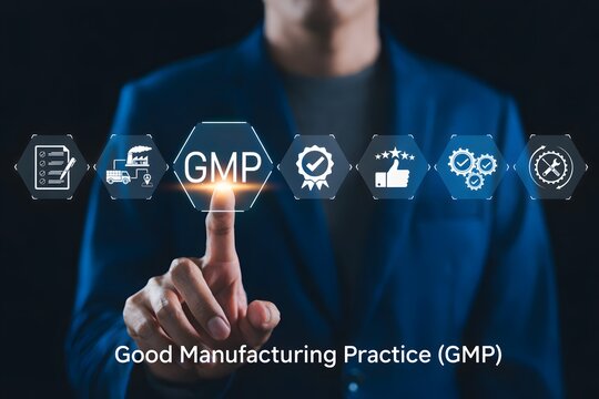 Good Manufacturing Practice (GMP) Concept. Businessman touching GMP with icons representing quality control, manufacturing assurance, standards, certification, certified, and regulatory compliance.