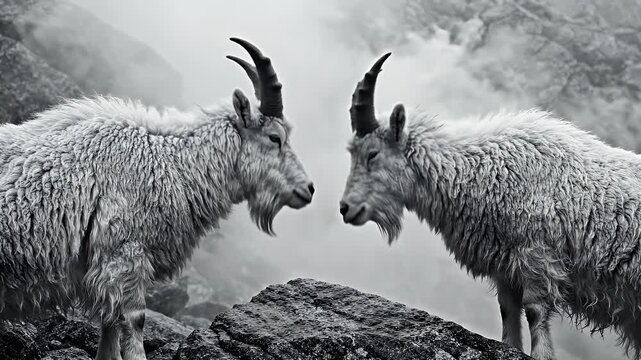 Two Mountain Goats Sniffing Noses in Misty Environment - A close-up, black and white shot captures two majestic mountain goats facing each other on rocky terrain.