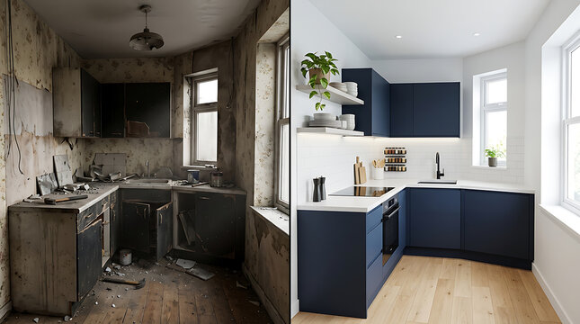 Transformation of an abandoned kitchen into a modern, sleek culinary space with updated cabinetry and bright, fresh decor