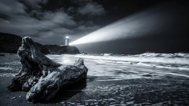 Black and White Seaside Landscape with Lighthouse and Driftwood - A dramatic black and white video of a seaside landscape featuring a towering lighthouse casting its beam across a stormy ocean.