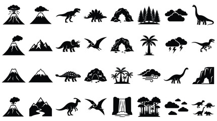 Large collection of black silhouette prehistoric icons including various dinosaur species, erupting volcanoes, mountain landscapes, tropical palm trees, caves, and weather symbols. © VectorSuka