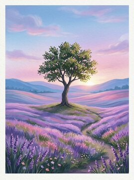 Lone tree in a beautiful lavender field at sunset