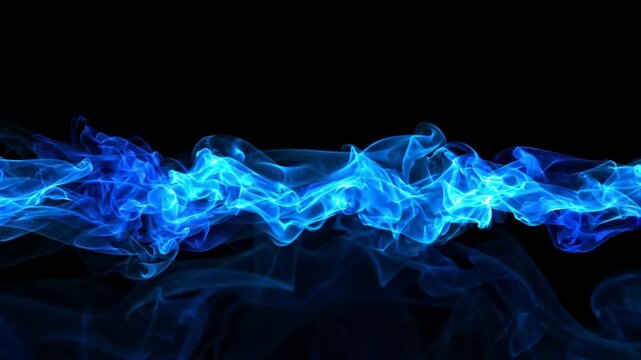 Abstract blue smoke swirls flowing on black background, cinematic motion overlay for visual effects and digital projects