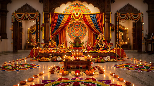 Festive Diwali interior with oil lamps and flower rangoli.