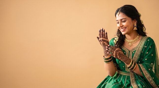 Happy young Indian woman wearing a traditional green outfit and gold jewelry, admiring her intricate henna mehendi designs on her hands, isolated against a neutral background for festive mood.