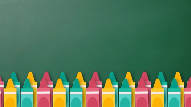Colorful Crayons Lined Up on Green Chalkboard Back to School Concept Background.