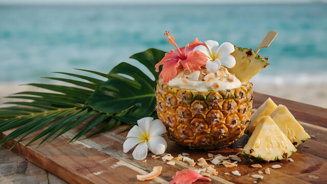 Fresh pineapple cocktail served in a carved pineapple on a wooden beach board