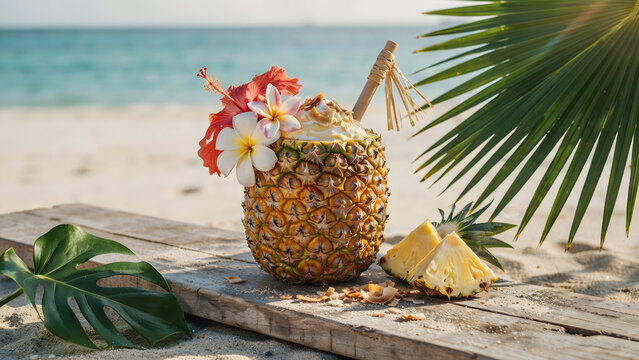 Fresh pineapple cocktail garnished with tropical flowers on a wooden board