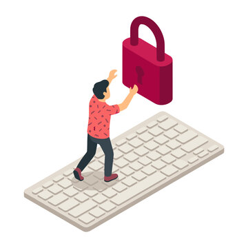 Person securing computer data with a giant padlock