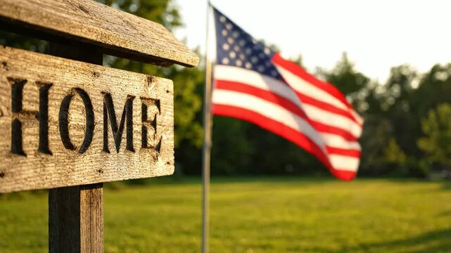 Rustic wooden home sign with waving american flag in background, at sunset patriotic, real estate and, national pride concept