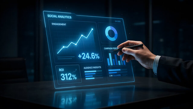 A business professional analyzing financial growth data on a digital screen