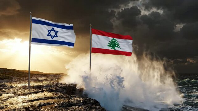 Israel and lebanon flags waving together on rocky coastline during stormy weather with dramatic crashing waves and dark clouds