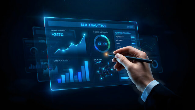 Business professional interacting with digital financial analytics dashboard