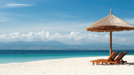 Fototapeta premium Photorealistic tropical beach scene with wooden lounge chairs under a thatched umbrella. Turquoise ocean and clear blue sky create a tranquil vacation atmosphere.