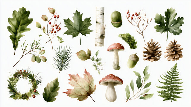 Set of watercolor forest elements including oak leaves, maple leaves, pine cones, mushrooms, berries, ferns, and birch tree bark isolated on a white background for autumn seasonal design projects