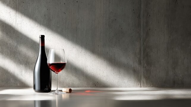 A bottle and glass of red wine sit on a sunlit concrete table. The scene combines minimalist design and luxury, highlighting modern wine elegance.