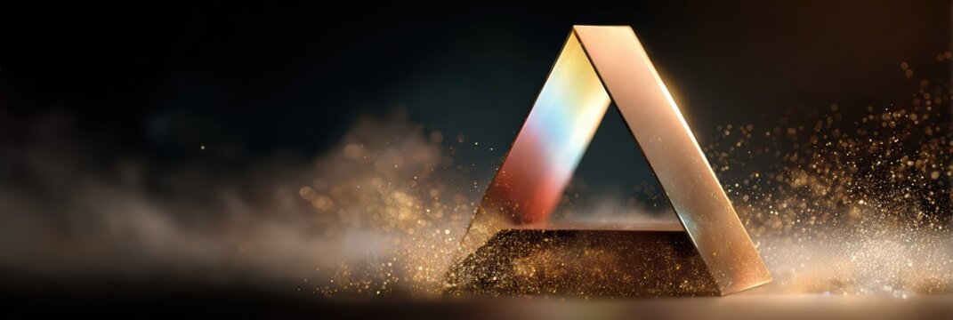 A luminous gold triangle sculpture radiates with sparkling light. This abstract geometric piece merges luxury with modern minimalism in a dramatic, glowing scene.