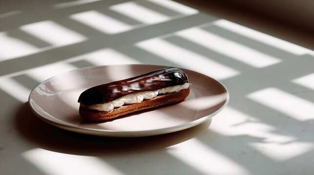 A rich chocolate eclair with creamy filling rests on a ceramic plate. Sunlight streams across the elegant pastry, highlighting its glossy glaze and texture.