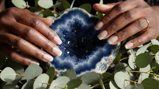 Hands Touching Blue Agate Geode Crystal Formation - A close-up shot shows dark-skinned hands with manicured nails gently touching a vibrant, blue agate geode.