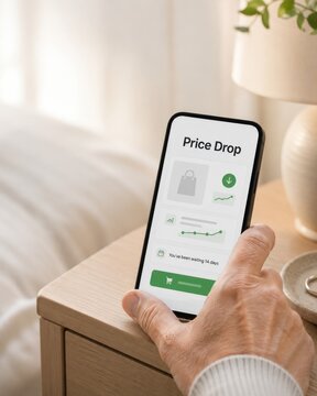 Hand holding smartphone showing price drop notification app on wooden bedside table at home