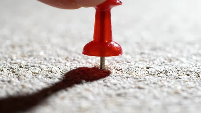 Red Push Pin on Textured Surface with Shadow - Extreme close-up of a bright red push pin being pressed into a coarse, textured white surface.
