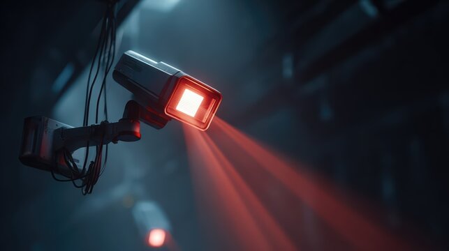 A modern security camera emits a vivid red light in a dimly lit space. The futuristic surveillance system creates an atmosphere of vigilance and alert.