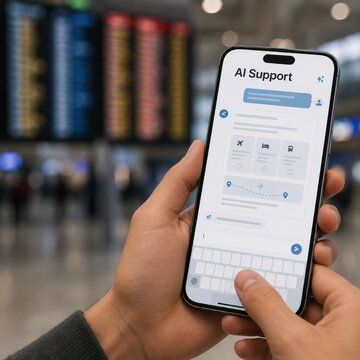 Man holding smartphone with AI flights search app inside modern airport terminal departure lounge