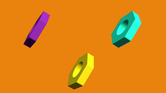 Two colored nuts on a yellow background rotate 360 ​​degrees.
Shape animation.