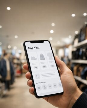 Man holding smartphone showing AI personalized recommendation shopping app inside clothing store