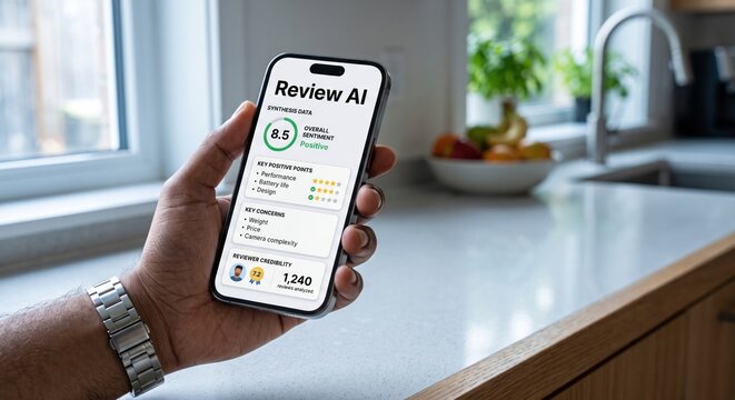 Man holding smartphone displaying Review AI product review sentiment analysis app on kitchen counter