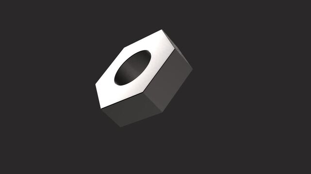 A 3D metal nut rotates against a gray background.