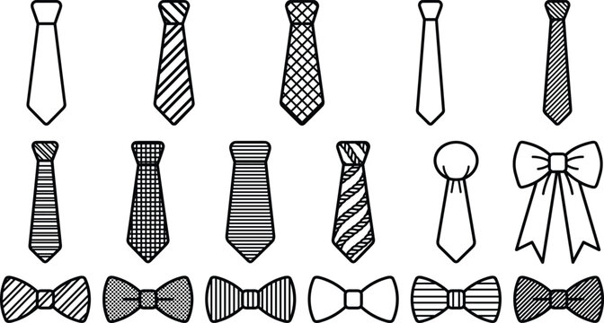 Formal necktie and elegant bowtie fashion accessories outline line icon set isolated on white background.
