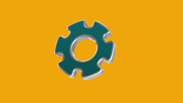 A 3D gear rotates against a yellow background.
