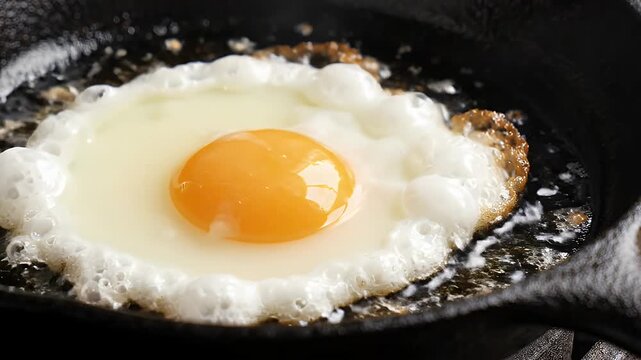 Sunny-Side Up Egg Cooking in Bubbling Oil - A close-up shot captures a perfectly cooked sunny-side up egg sizzling in a hot cast-iron pan.
