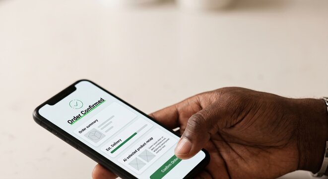 Person holding smartphone tapping confirm order button on AI online shopping checkout screen