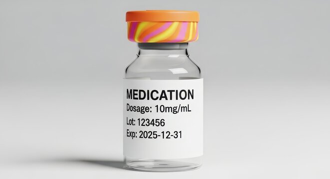 Close-up of a single medication vial with a colorful cap on a plain gray background, pharmaceutical concept