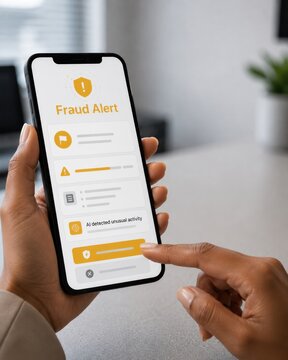 Person touching smartphone displaying AI fraud alert security notification screen in office