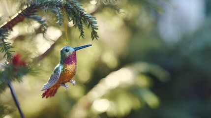 Obraz premium Sparkling hummingbird decoration hangs from a tree branch in a garden setting during the day