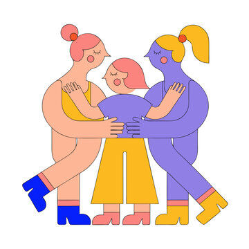 Modern flat vector illustration of a diverse family group hugging, three women embracing in a supportive circle, colorful geometric character design