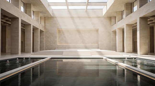 Modern Architectural Interior with Natural Light and Water Feature.